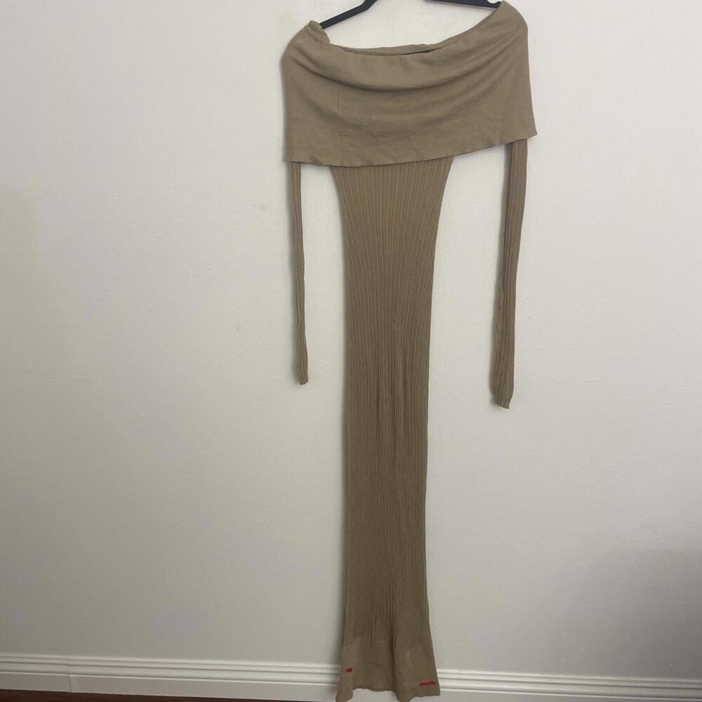 Helsa Justin Knit Off the Shoulder Sheer Long Sleeve Beige Maxi Dress S $258msrp - Picture 6 of 11